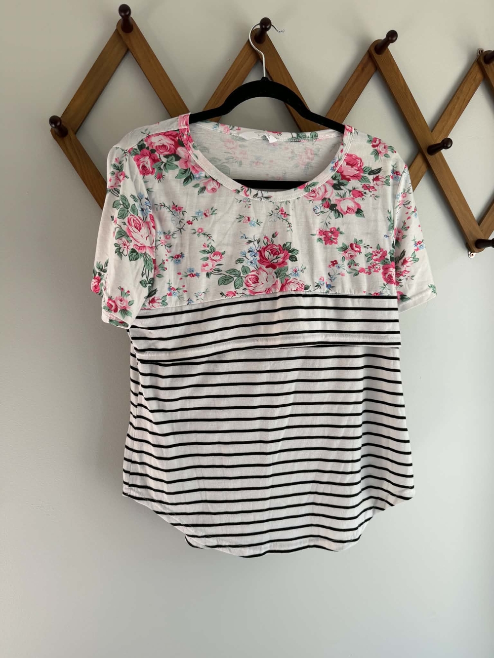 Short Sleeve Scoop Neck Nursing Tee with Pink Floral Yoke and Black Stripe